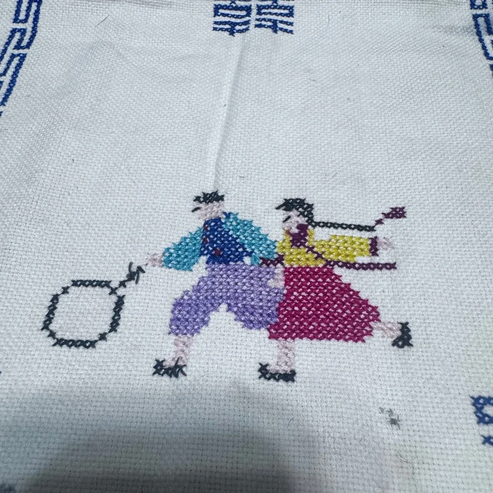 Vintage Korean Folk Art Cross Stitch Embroidered Table Runner Hanbok Figures